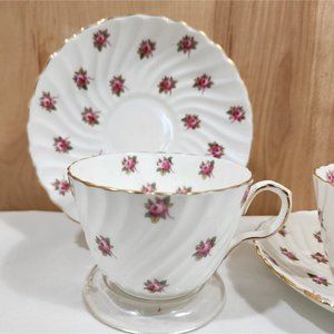 John Aynsley Hathaway Cup & Saucer bone china roses swirled edge England 2 sets